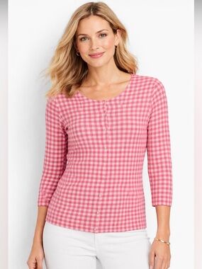 T by Talbots Pink White Gingham Sweater Cardigan Size S Button Up Spring Preppy